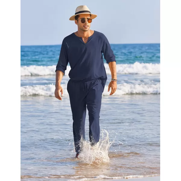 COOFANDY Men's 2 Pieces Cotton Linen Set Henley Shirt Long Sleeve and Casual Beach Pants Summer Yoga Outfits