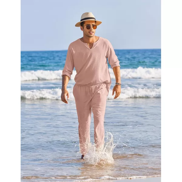 COOFANDY Men's 2 Pieces Cotton Linen Set Henley Shirt Long Sleeve and Casual Beach Pants Summer Yoga Outfits