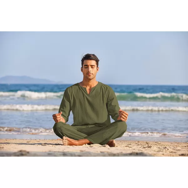 COOFANDY Men's 2 Pieces Cotton Linen Set Henley Shirt Long Sleeve and Casual Beach Pants Summer Yoga Outfits