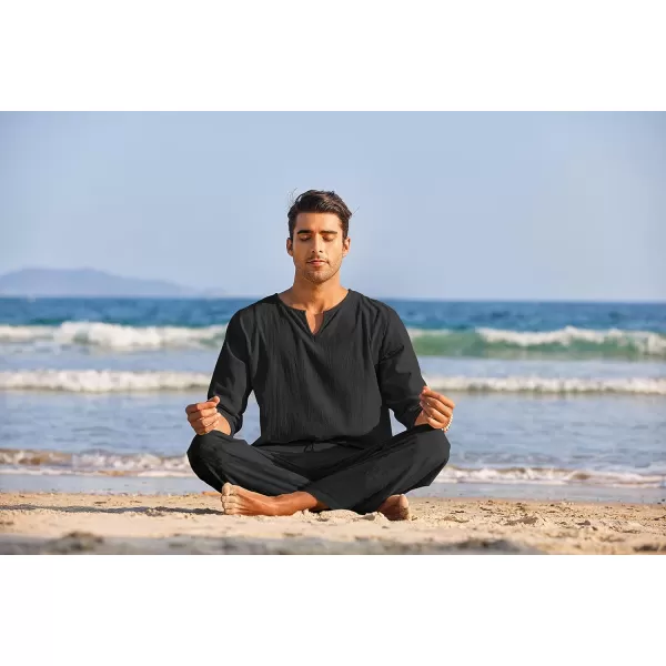 COOFANDY Men's 2 Pieces Cotton Linen Set Henley Shirt Long Sleeve and Casual Beach Pants Summer Yoga Outfits