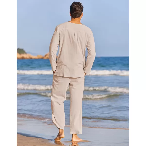 COOFANDY Men's 2 Pieces Cotton Linen Set Henley Shirt Long Sleeve and Casual Beach Pants Summer Yoga Outfits