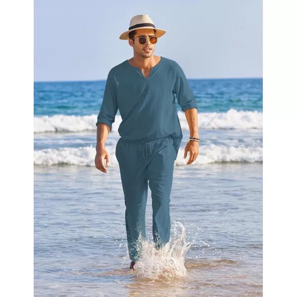 COOFANDY Men's 2 Pieces Cotton Linen Set Henley Shirt Long Sleeve and Casual Beach Pants Summer Yoga Outfits