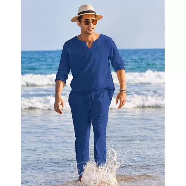 COOFANDY Men's 2 Pieces Cotton Linen Set Henley Shirt Long Sleeve and Casual Beach Pants Summer Yoga Outfits