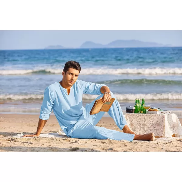 COOFANDY Men's 2 Pieces Cotton Linen Set Henley Shirt Long Sleeve and Casual Beach Pants Summer Yoga Outfits