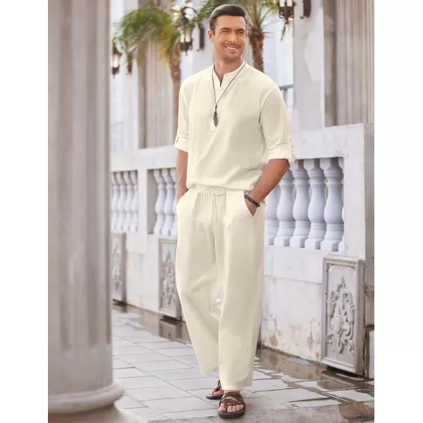 COOFANDY Men's 2 Pieces Cotton Linen Set Long Sleeve Henley Shirts Casual Beach Pants With Pockets Summer Yoga Outfits