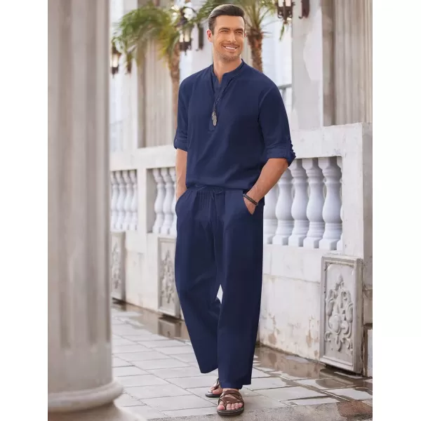 COOFANDY Men's 2 Pieces Cotton Linen Set Long Sleeve Henley Shirts Casual Beach Pants With Pockets Summer Yoga Outfits