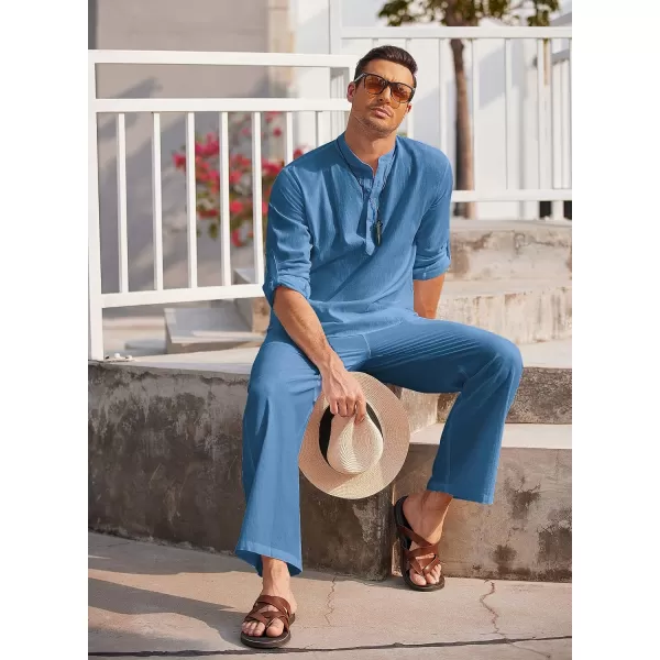 COOFANDY Men's 2 Pieces Cotton Linen Set Long Sleeve Henley Shirts Casual Beach Pants With Pockets Summer Yoga Outfits
