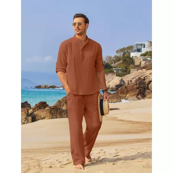 COOFANDY Men's 2 Pieces Cotton Linen Set Long Sleeve Henley Shirts Casual Beach Pants With Pockets Summer Yoga Outfits