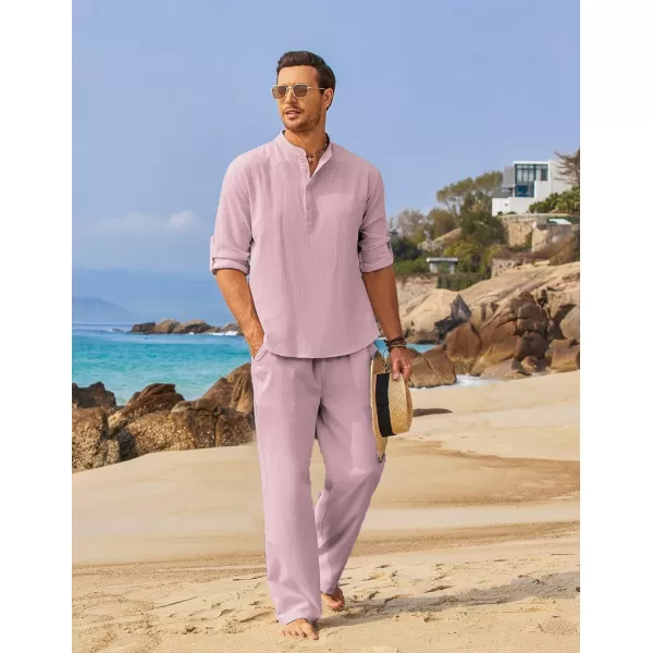 COOFANDY Men's 2 Pieces Cotton Linen Set Long Sleeve Henley Shirts Casual Beach Pants With Pockets Summer Yoga Outfits