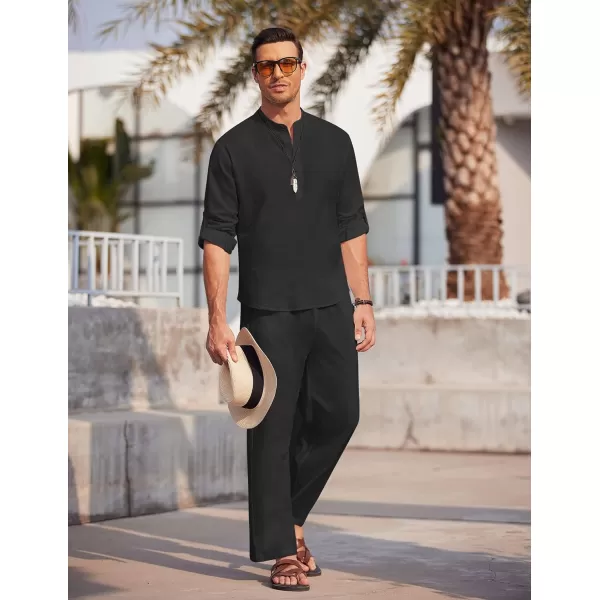 COOFANDY Men's 2 Pieces Cotton Linen Set Long Sleeve Henley Shirts Casual Beach Pants With Pockets Summer Yoga Outfits