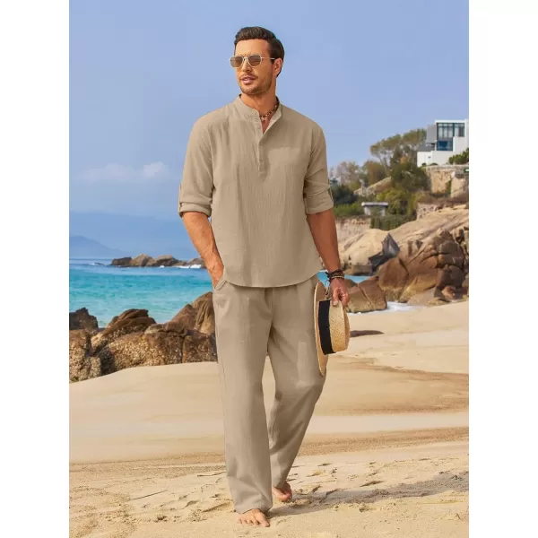 COOFANDY Men's 2 Pieces Cotton Linen Set Long Sleeve Henley Shirts Casual Beach Pants With Pockets Summer Yoga Outfits