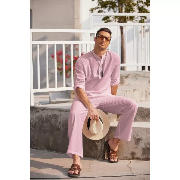 COOFANDY Men's 2 Pieces Cotton Linen Set Long Sleeve Henley Shirts Casual Beach Pants With Pockets Summer Yoga Outfits