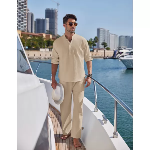 COOFANDY Men's 2 Pieces Cotton Linen Set Long Sleeve Henley Shirts Casual Beach Pants With Pockets Summer Yoga Outfits