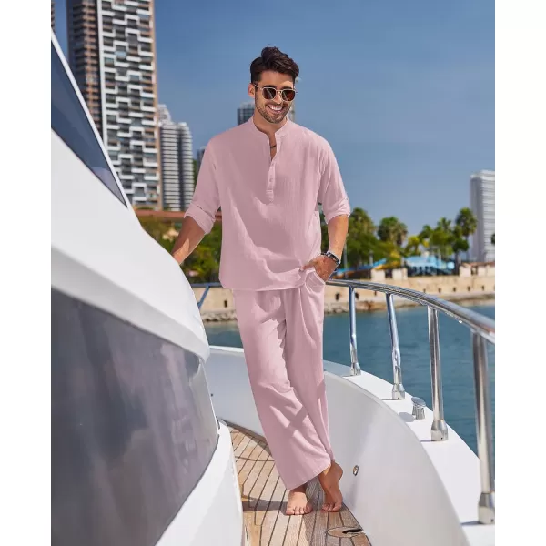 COOFANDY Men's 2 Pieces Cotton Linen Set Long Sleeve Henley Shirts Casual Beach Pants With Pockets Summer Yoga Outfits