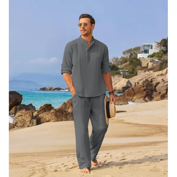 COOFANDY Men's 2 Pieces Cotton Linen Set Long Sleeve Henley Shirts Casual Beach Pants With Pockets Summer Yoga Outfits