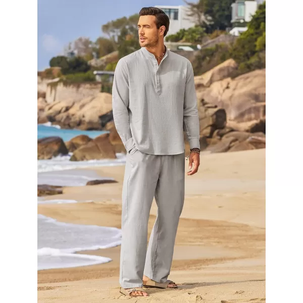 COOFANDY Men's 2 Pieces Cotton Linen Set Long Sleeve Henley Shirts Casual Beach Pants With Pockets Summer Yoga Outfits