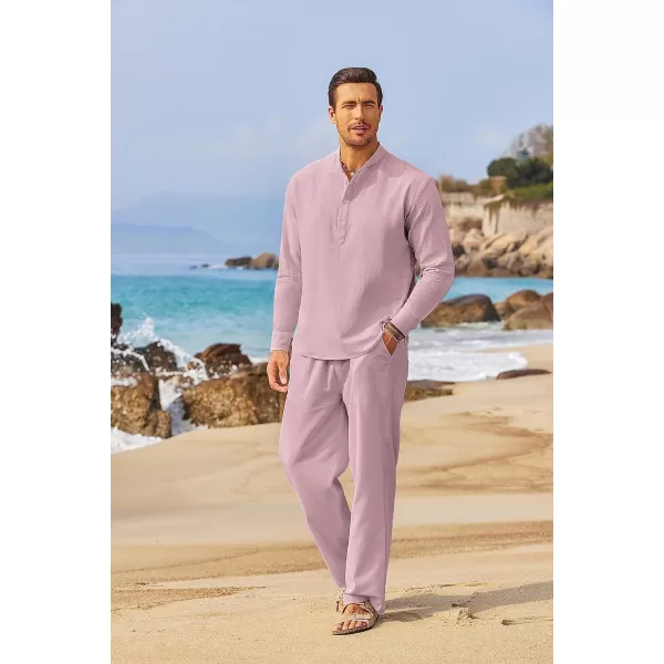 COOFANDY Men's 2 Pieces Cotton Linen Set Long Sleeve Henley Shirts Casual Beach Pants With Pockets Summer Yoga Outfits