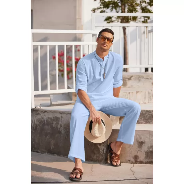 COOFANDY Men's 2 Pieces Cotton Linen Set Long Sleeve Henley Shirts Casual Beach Pants With Pockets Summer Yoga Outfits
