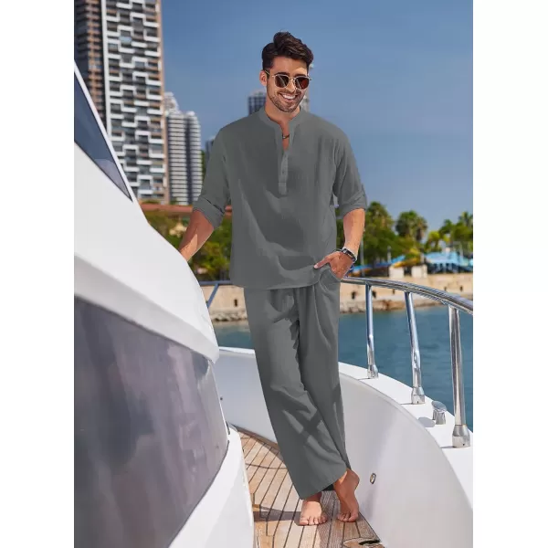 COOFANDY Men's 2 Pieces Cotton Linen Set Long Sleeve Henley Shirts Casual Beach Pants With Pockets Summer Yoga Outfits