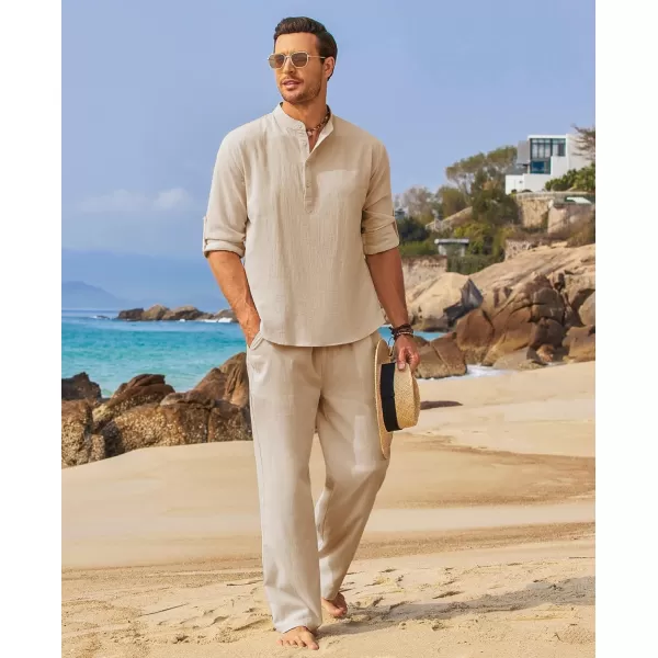 COOFANDY Men's 2 Pieces Cotton Linen Set Long Sleeve Henley Shirts Casual Beach Pants With Pockets Summer Yoga Outfits