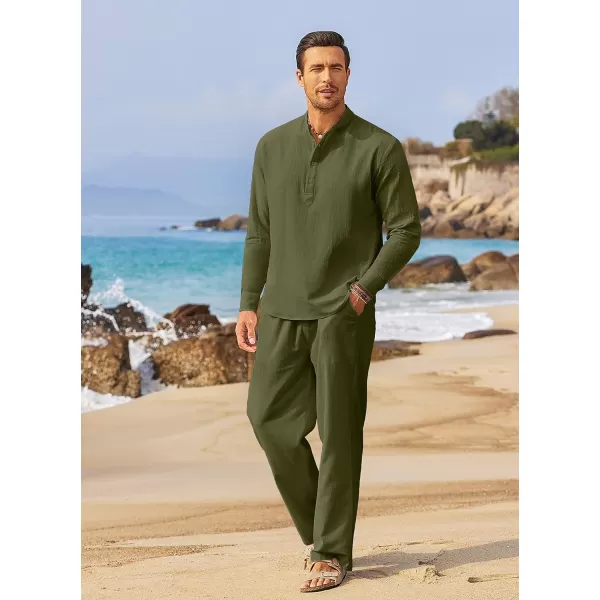 COOFANDY Men's 2 Pieces Cotton Linen Set Long Sleeve Henley Shirts Casual Beach Pants With Pockets Summer Yoga Outfits