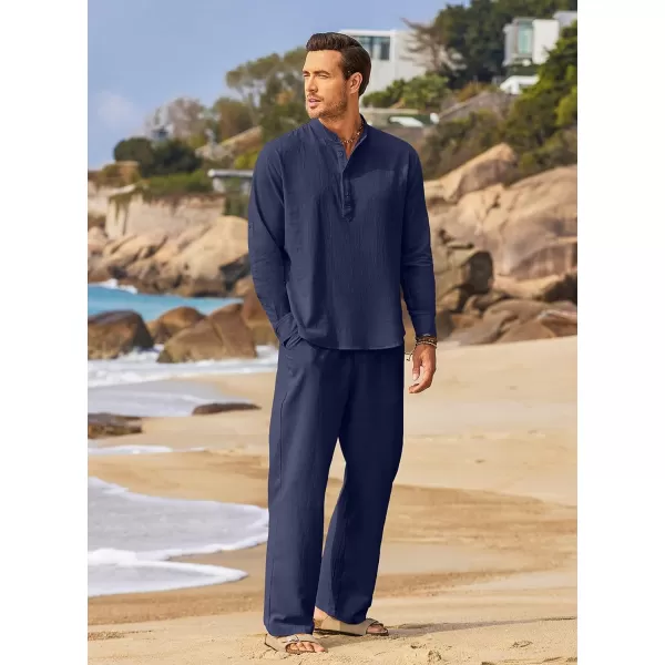 COOFANDY Men's 2 Pieces Cotton Linen Set Long Sleeve Henley Shirts Casual Beach Pants With Pockets Summer Yoga Outfits