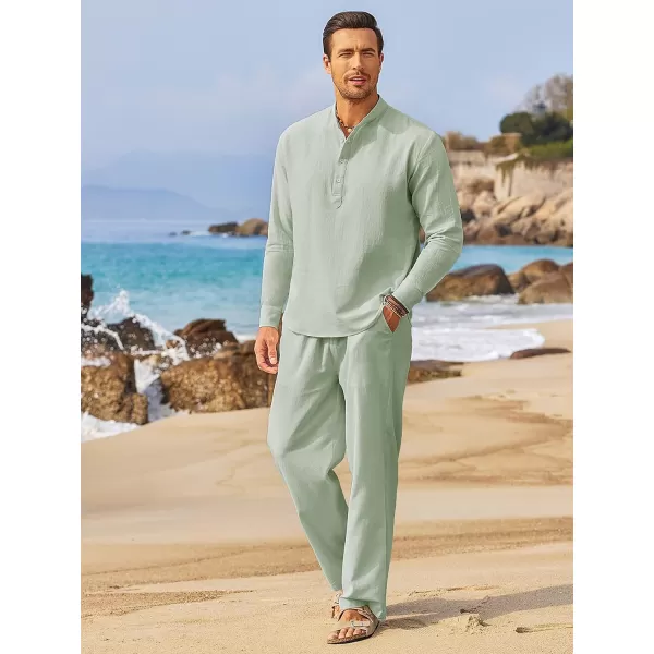 COOFANDY Men's 2 Pieces Cotton Linen Set Long Sleeve Henley Shirts Casual Beach Pants With Pockets Summer Yoga Outfits