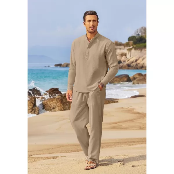 COOFANDY Men's 2 Pieces Cotton Linen Set Long Sleeve Henley Shirts Casual Beach Pants With Pockets Summer Yoga Outfits