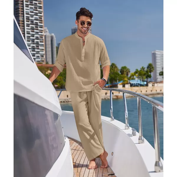 COOFANDY Men's 2 Pieces Cotton Linen Set Long Sleeve Henley Shirts Casual Beach Pants With Pockets Summer Yoga Outfits