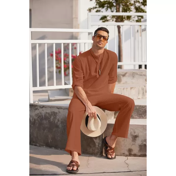 COOFANDY Men's 2 Pieces Cotton Linen Set Long Sleeve Henley Shirts Casual Beach Pants With Pockets Summer Yoga Outfits