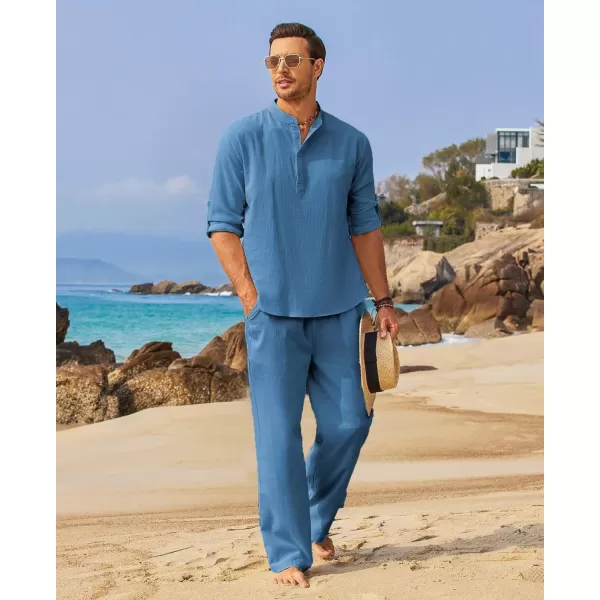 COOFANDY Men's 2 Pieces Cotton Linen Set Long Sleeve Henley Shirts Casual Beach Pants With Pockets Summer Yoga Outfits