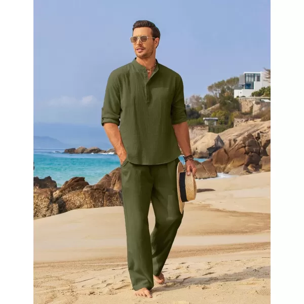 COOFANDY Men's 2 Pieces Cotton Linen Set Long Sleeve Henley Shirts Casual Beach Pants With Pockets Summer Yoga Outfits