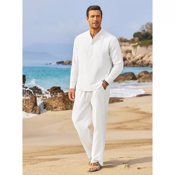 COOFANDY Men's 2 Pieces Cotton Linen Set Long Sleeve Henley Shirts Casual Beach Pants With Pockets Summer Yoga Outfits