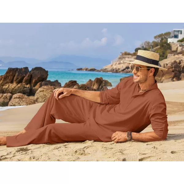 COOFANDY Men's 2 Pieces Cotton Linen Set Long Sleeve Henley Shirts Casual Beach Pants With Pockets Summer Yoga Outfits
