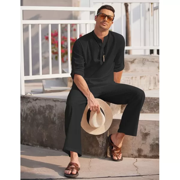 COOFANDY Men's 2 Pieces Cotton Linen Set Long Sleeve Henley Shirts Casual Beach Pants With Pockets Summer Yoga Outfits