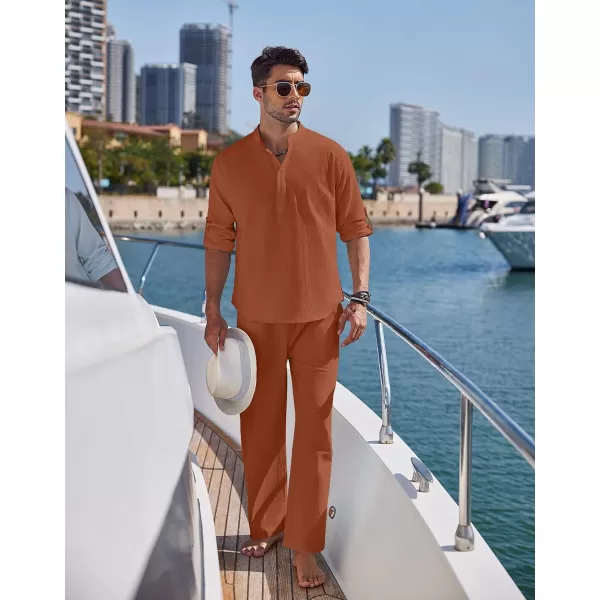 COOFANDY Men's 2 Pieces Cotton Linen Set Long Sleeve Henley Shirts Casual Beach Pants With Pockets Summer Yoga Outfits