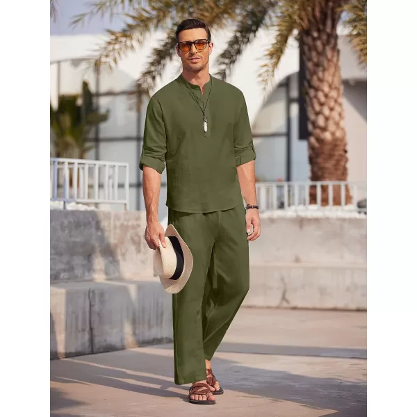 COOFANDY Men's 2 Pieces Cotton Linen Set Long Sleeve Henley Shirts Casual Beach Pants With Pockets Summer Yoga Outfits