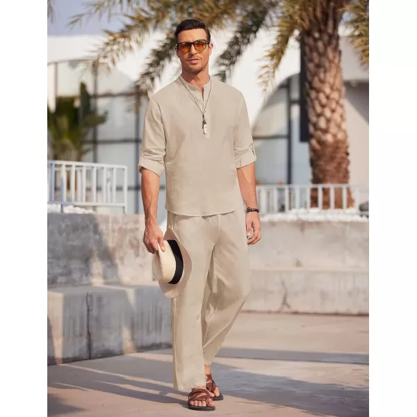 COOFANDY Men's 2 Pieces Cotton Linen Set Long Sleeve Henley Shirts Casual Beach Pants With Pockets Summer Yoga Outfits