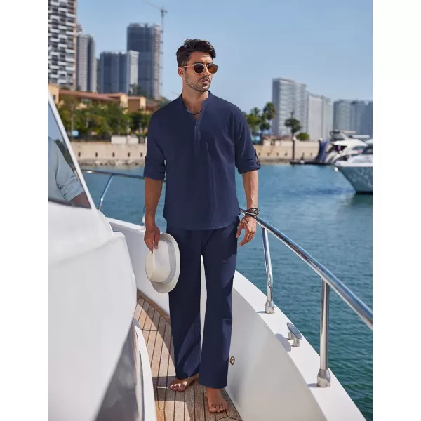 COOFANDY Men's 2 Pieces Cotton Linen Set Long Sleeve Henley Shirts Casual Beach Pants With Pockets Summer Yoga Outfits