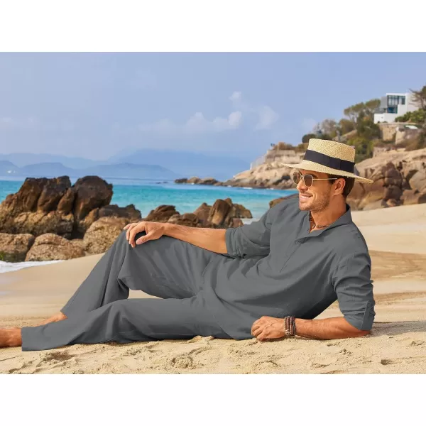 COOFANDY Men's 2 Pieces Cotton Linen Set Long Sleeve Henley Shirts Casual Beach Pants With Pockets Summer Yoga Outfits