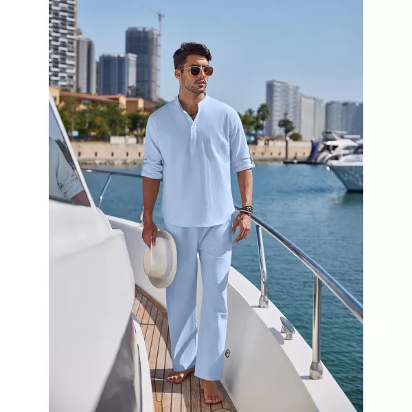 COOFANDY Men's 2 Pieces Cotton Linen Set Long Sleeve Henley Shirts Casual Beach Pants With Pockets Summer Yoga Outfits