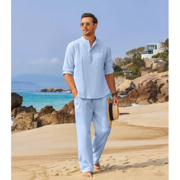 COOFANDY Men's 2 Pieces Cotton Linen Set Long Sleeve Henley Shirts Casual Beach Pants With Pockets Summer Yoga Outfits