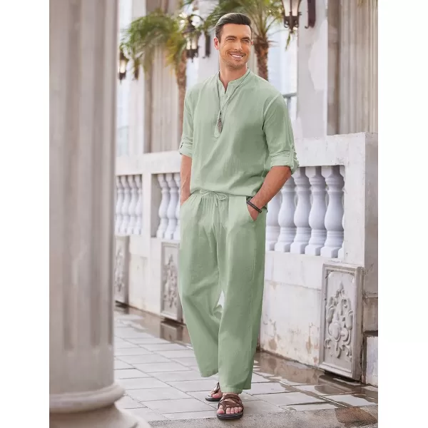 COOFANDY Men's 2 Pieces Cotton Linen Set Long Sleeve Henley Shirts Casual Beach Pants With Pockets Summer Yoga Outfits
