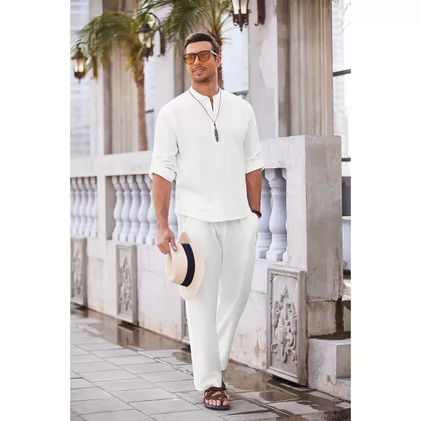 COOFANDY Men's 2 Pieces Cotton Linen Set Long Sleeve Henley Shirts Casual Beach Pants With Pockets Summer Yoga Outfits
