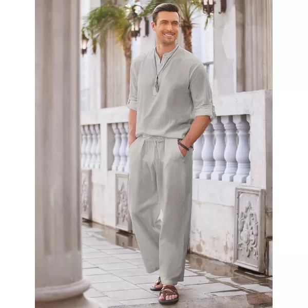 COOFANDY Men's 2 Pieces Cotton Linen Set Long Sleeve Henley Shirts Casual Beach Pants With Pockets Summer Yoga Outfits