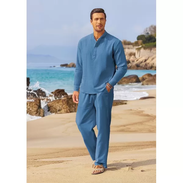 COOFANDY Men's 2 Pieces Cotton Linen Set Long Sleeve Henley Shirts Casual Beach Pants With Pockets Summer Yoga Outfits