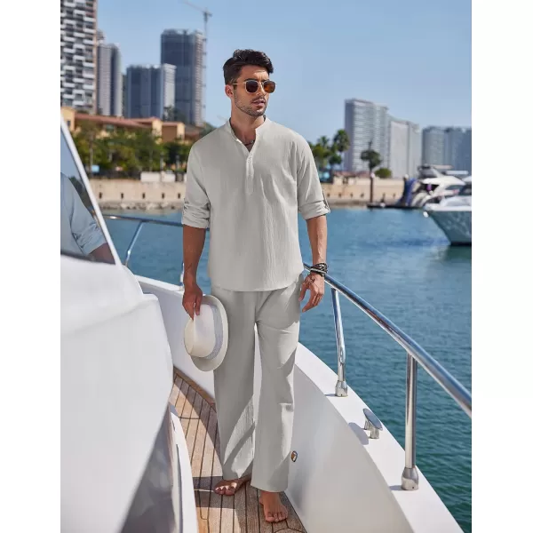COOFANDY Men's 2 Pieces Cotton Linen Set Long Sleeve Henley Shirts Casual Beach Pants With Pockets Summer Yoga Outfits