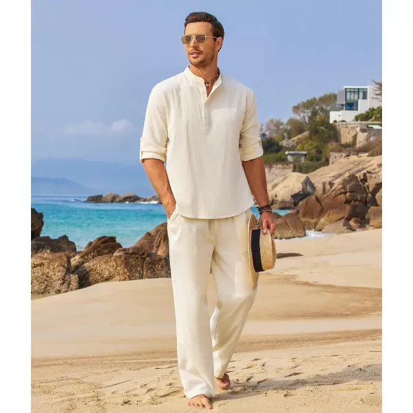COOFANDY Men's 2 Pieces Cotton Linen Set Long Sleeve Henley Shirts Casual Beach Pants With Pockets Summer Yoga Outfits
