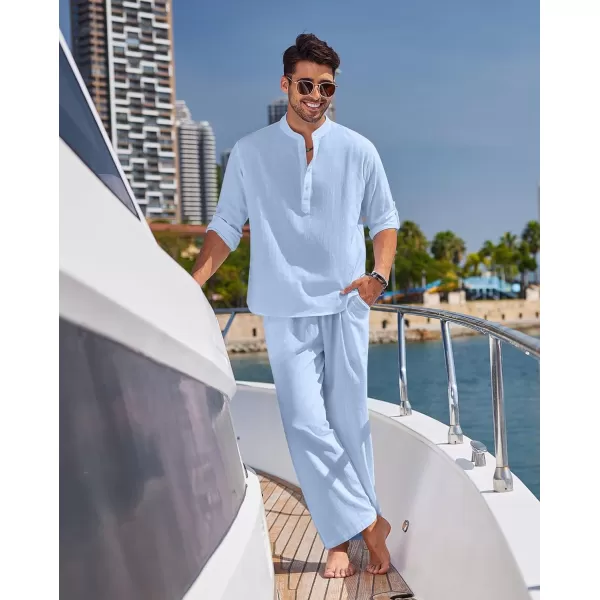 COOFANDY Men's 2 Pieces Cotton Linen Set Long Sleeve Henley Shirts Casual Beach Pants With Pockets Summer Yoga Outfits
