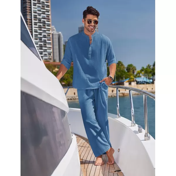COOFANDY Men's 2 Pieces Cotton Linen Set Long Sleeve Henley Shirts Casual Beach Pants With Pockets Summer Yoga Outfits